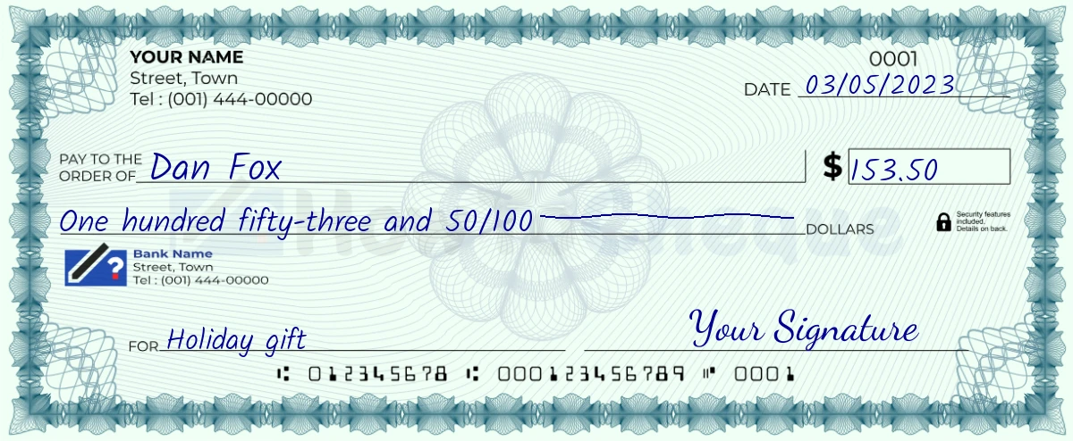 Example check of 153 dollar 50 cent