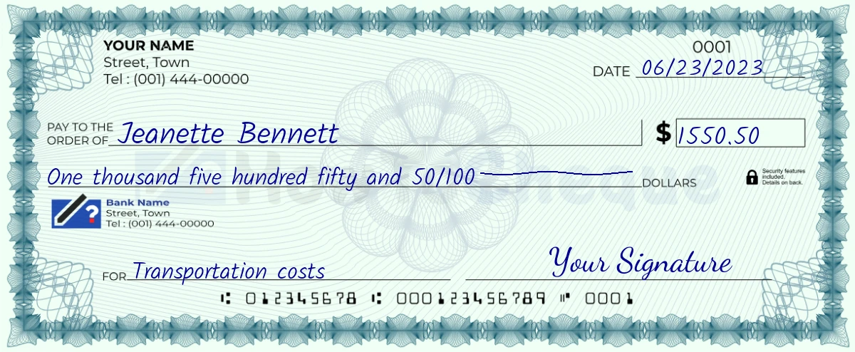 Example check of 1550 dollar 50 cent