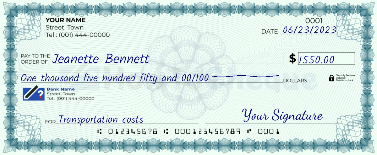 Example check of 1550 dollar