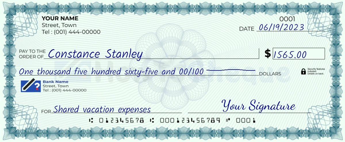 Example check of 1565 dollar