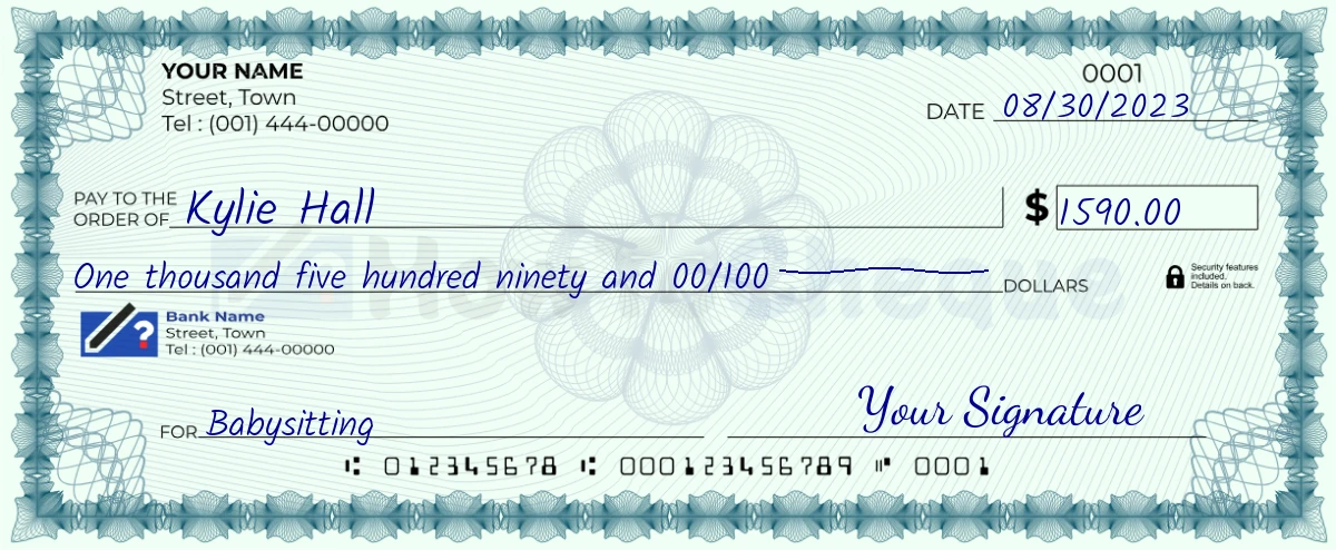 Example check of 1590 dollar
