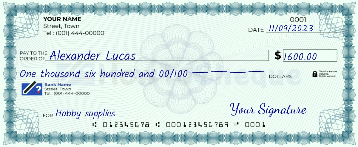 Example check of 1600 dollar