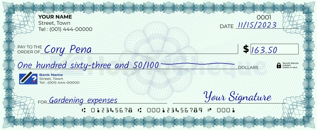 Example check of 163 dollar 50 cent