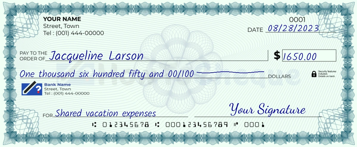 Example check of 1650 dollar