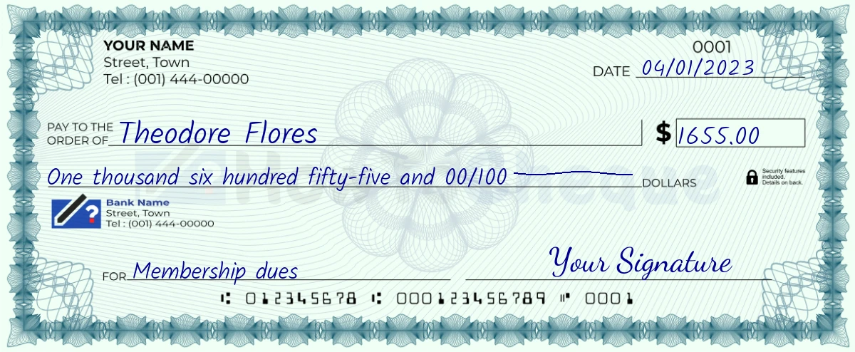Example check of 1655 dollar
