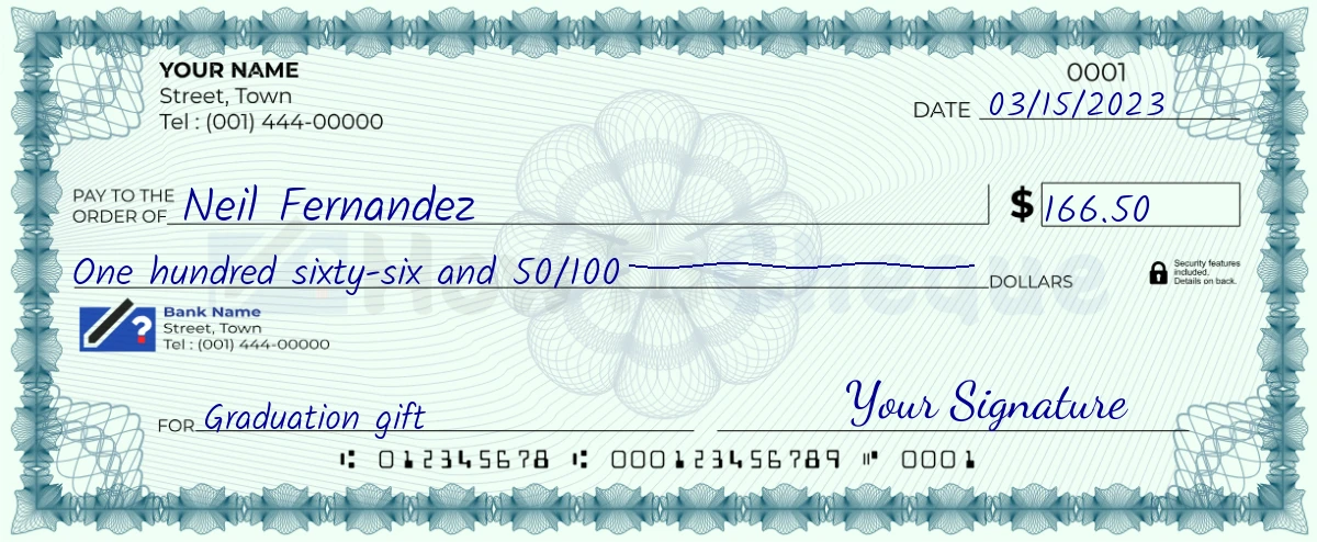 Example check of 166 dollar 50 cent