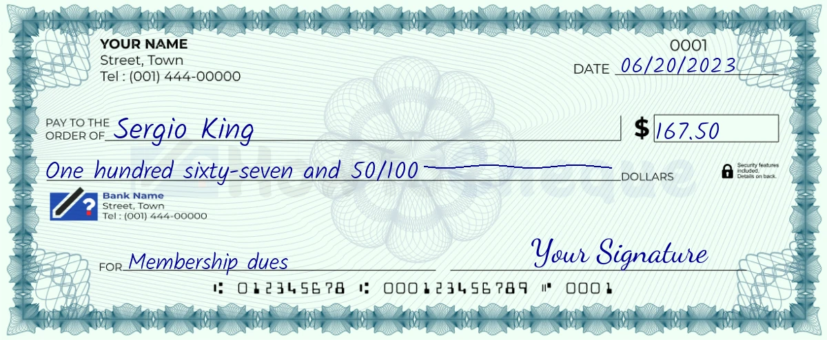 Example check of 167 dollar 50 cent