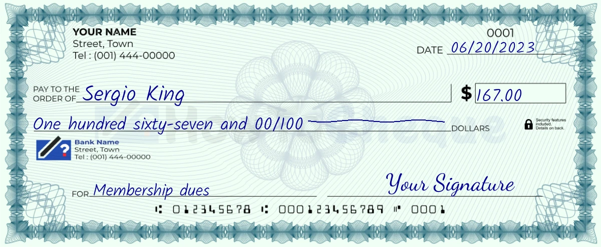 Example check of 167 dollar