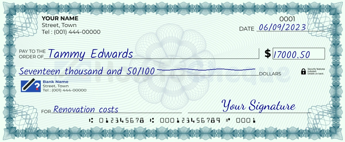 Example check of 17000 dollar 50 cent