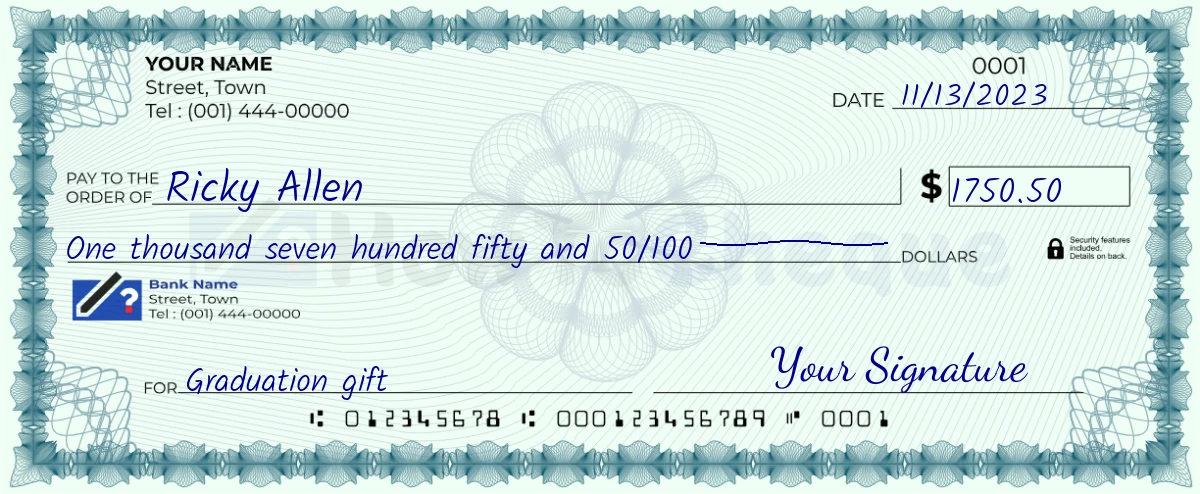 Example check of 1750 dollar 50 cent