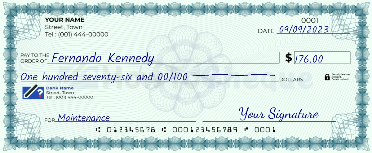 Example check of 176 dollar