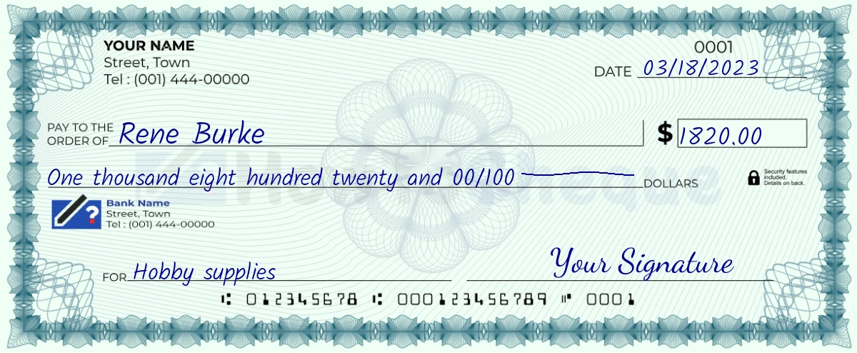 Example check of 1820 dollar