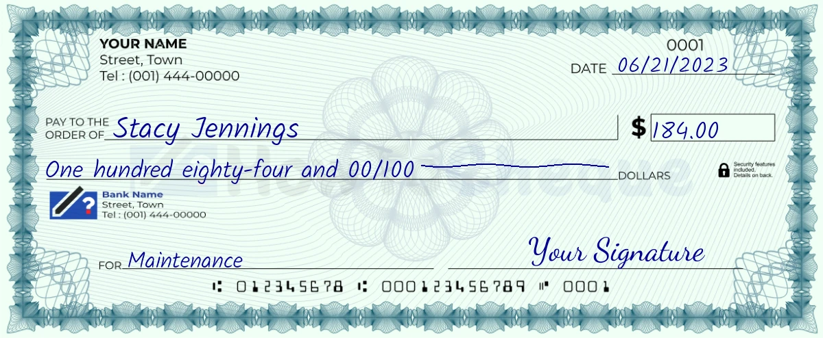 Example check of 184 dollar