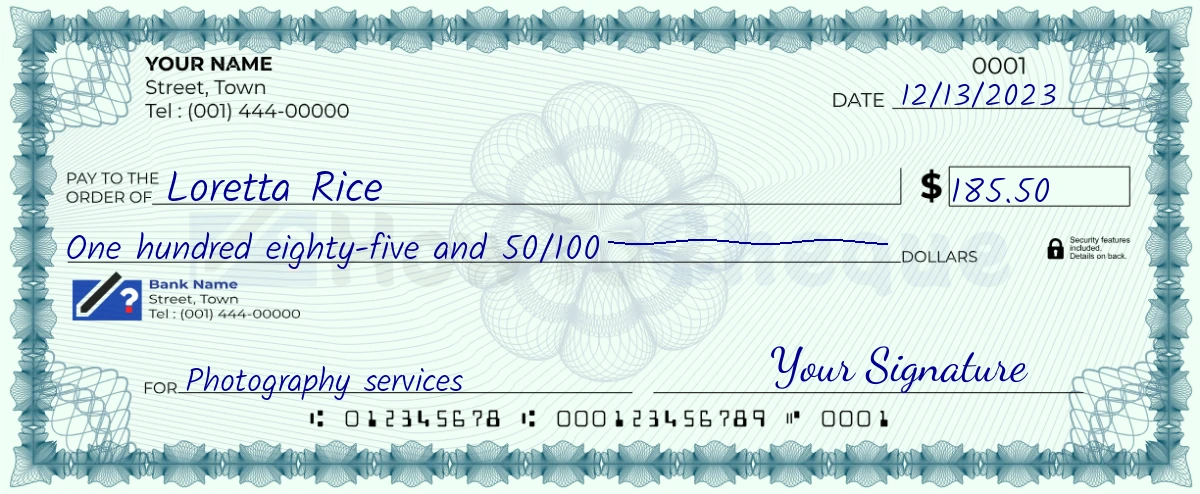 Example check of 185 dollar 50 cent