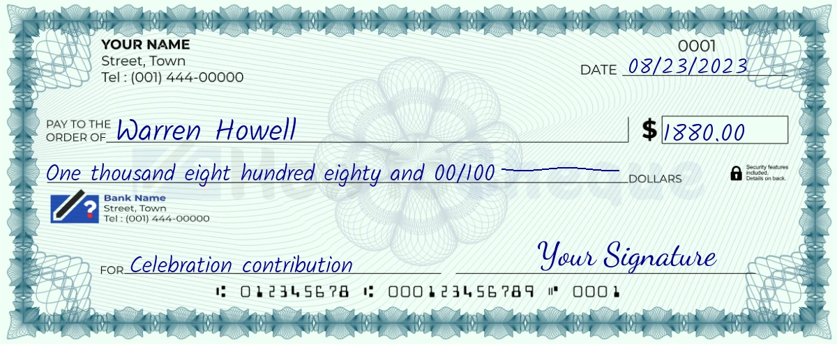Example check of 1880 dollar
