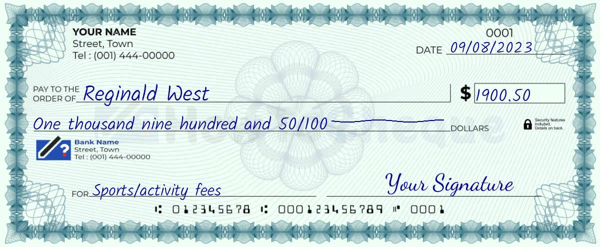 Example check of 1900 dollar 50 cent