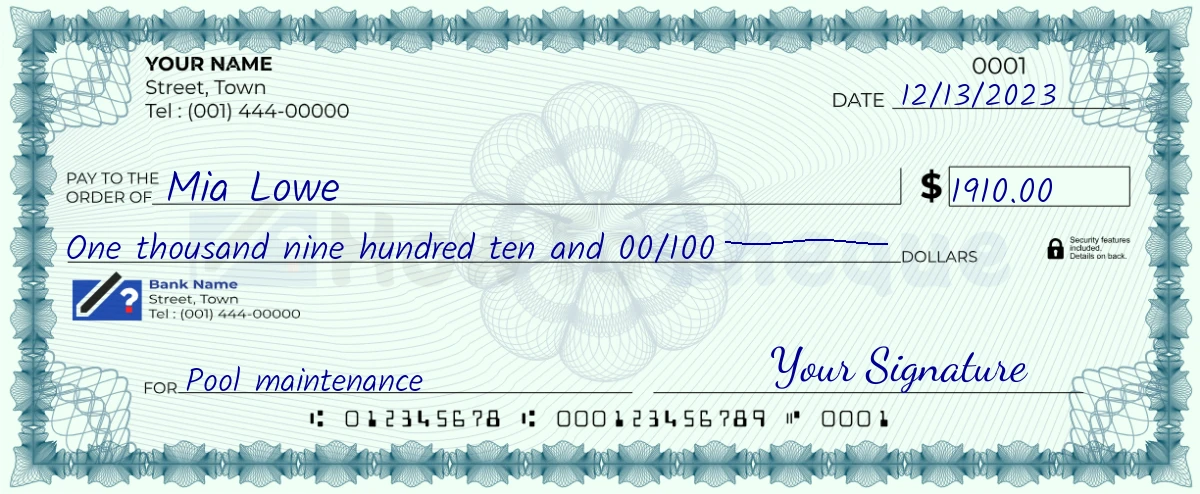 Example check of 1910 dollar