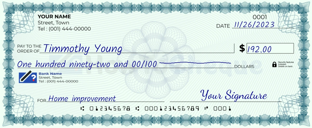Example check of 192 dollar