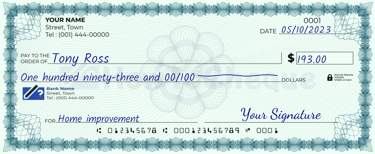 Example check of 193 dollar