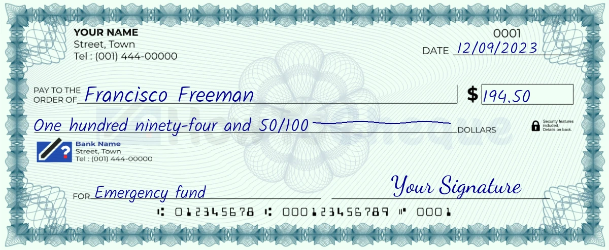 Example check of 194 dollar 50 cent