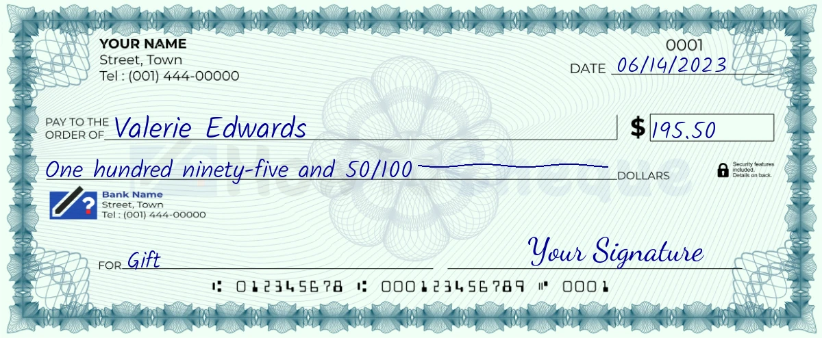 Example check of 195 dollar 50 cent