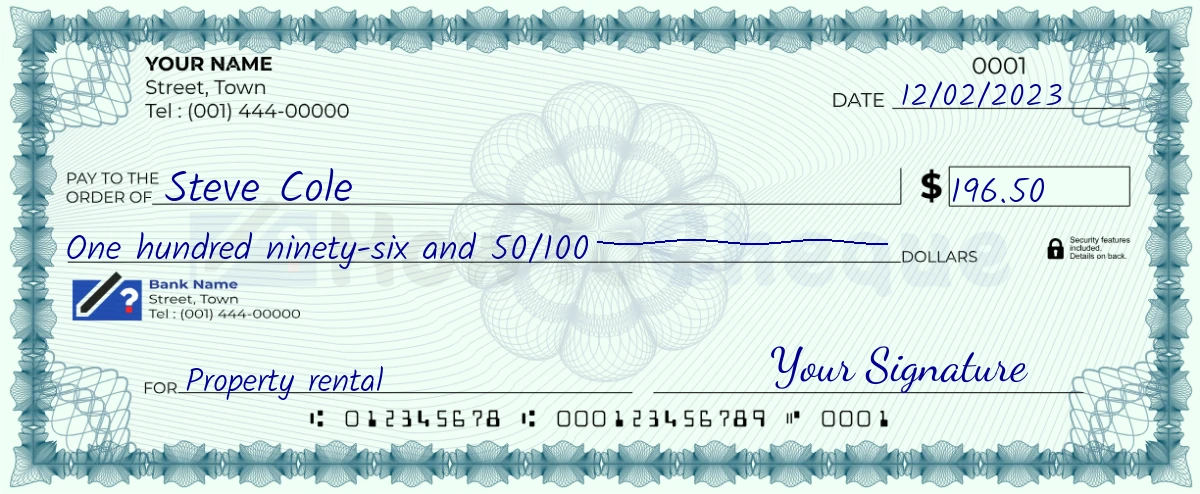 Example check of 196 dollar 50 cent