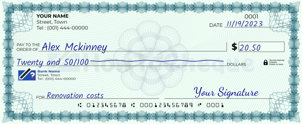 Example check of 20 dollar 50 cent