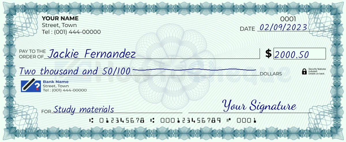 Example check of 2000 dollar 50 cent