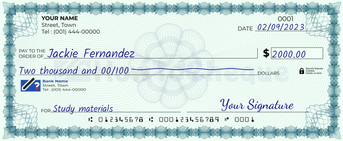 Example check of 2000 dollar