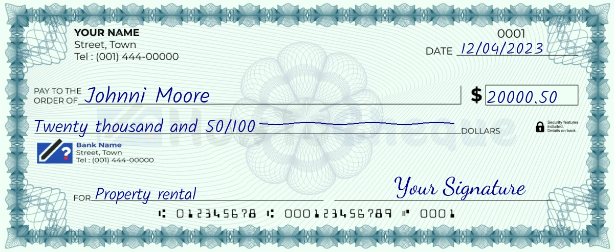 Example check of 20000 dollar 50 cent