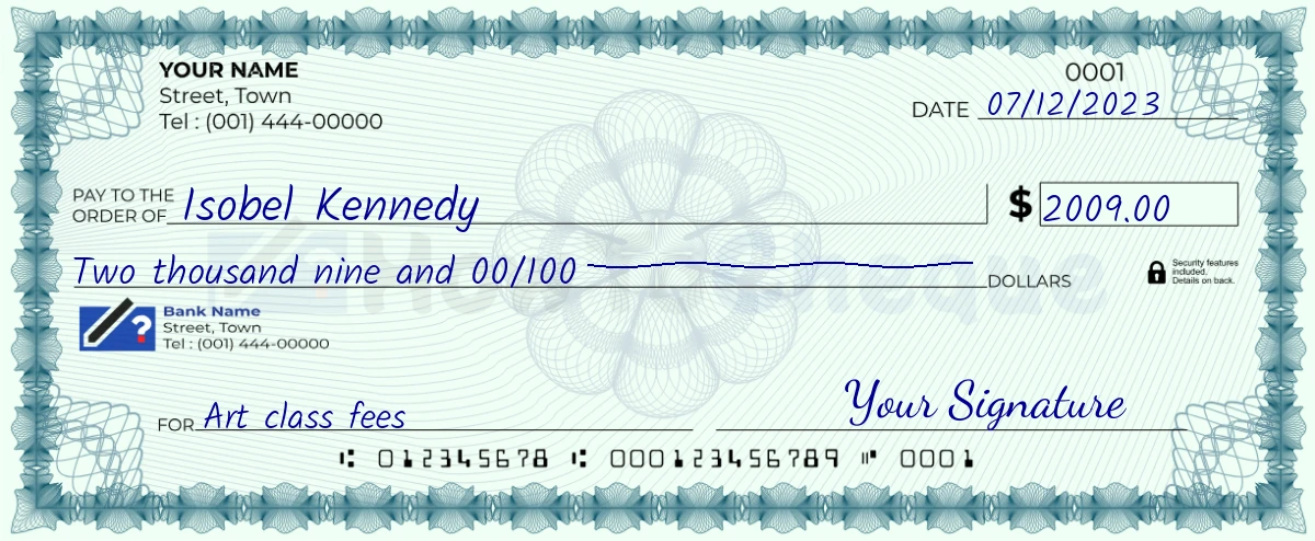 Example check of 2009 dollar
