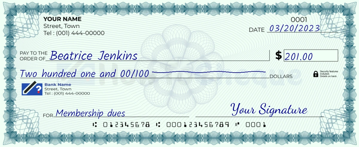 Example check of 201 dollar
