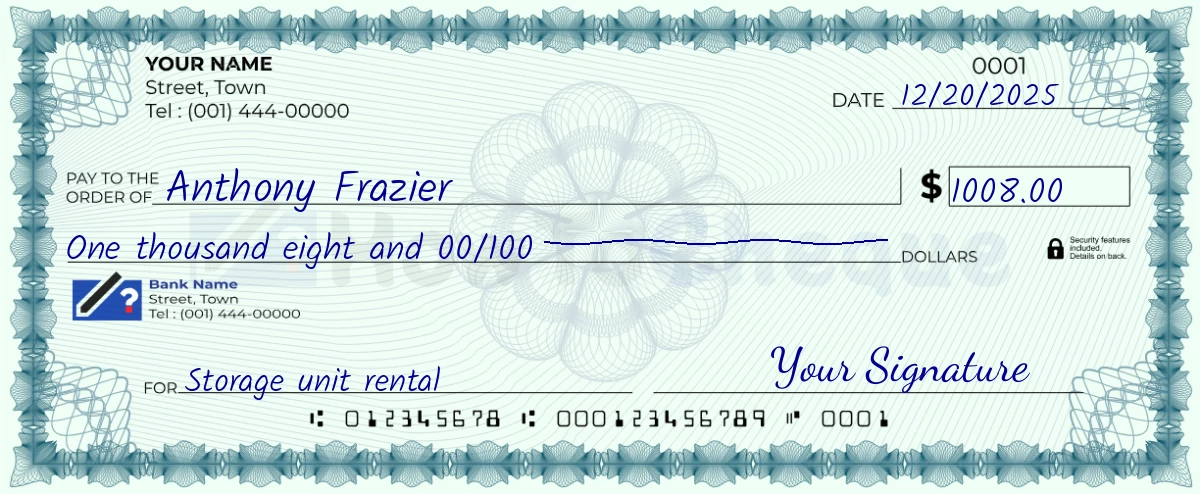 Example check of 1008 dollar