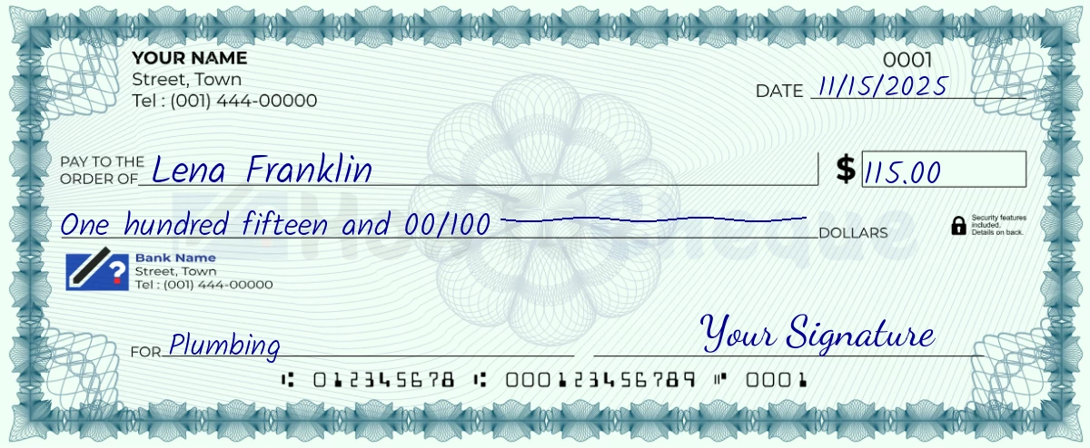 Example check of 115 dollar