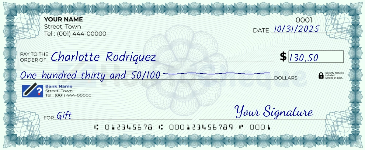 Example check of 130 dollar 50 cent