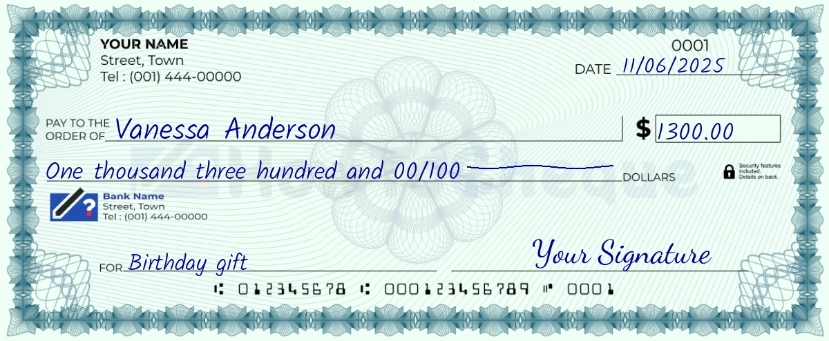 Example check of 1300 dollar