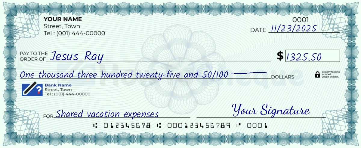 Example check of 1325 dollar 50 cent