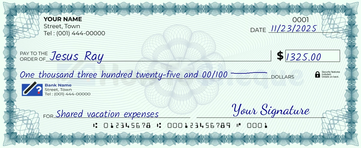 Example check of 1325 dollar