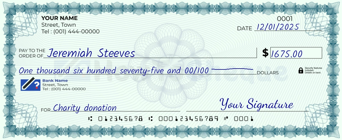 Example check of 1675 dollar