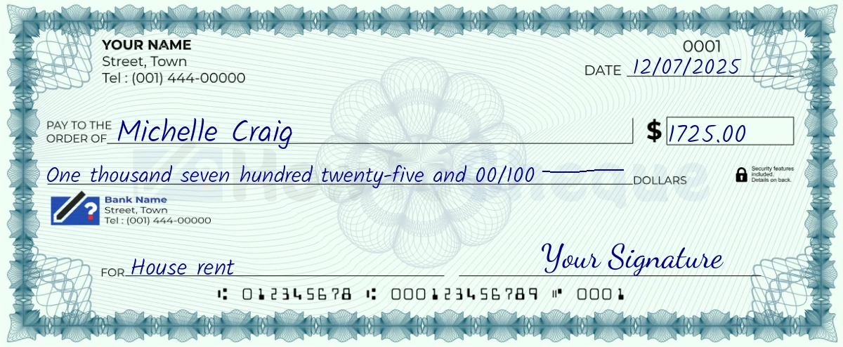 Example check of 1725 dollar