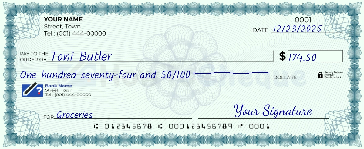 Example check of 174 dollar 50 cent