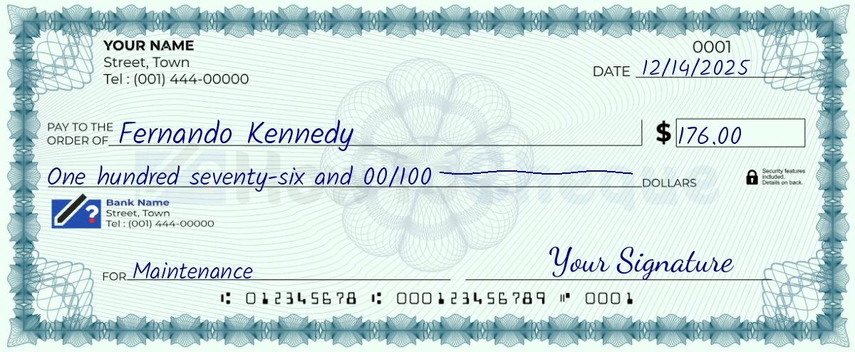 Example check of 176 dollar