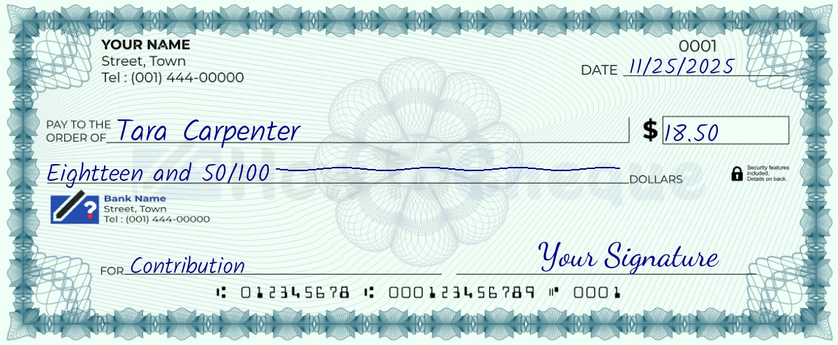 Example check of 18 dollar 50 cent