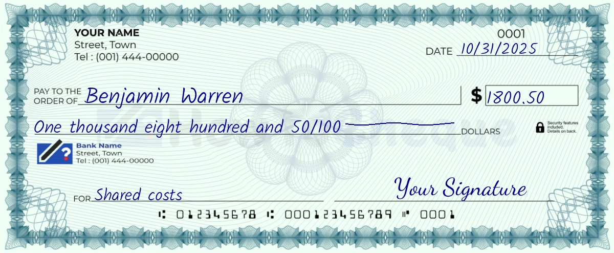 Example check of 1800 dollar 50 cent