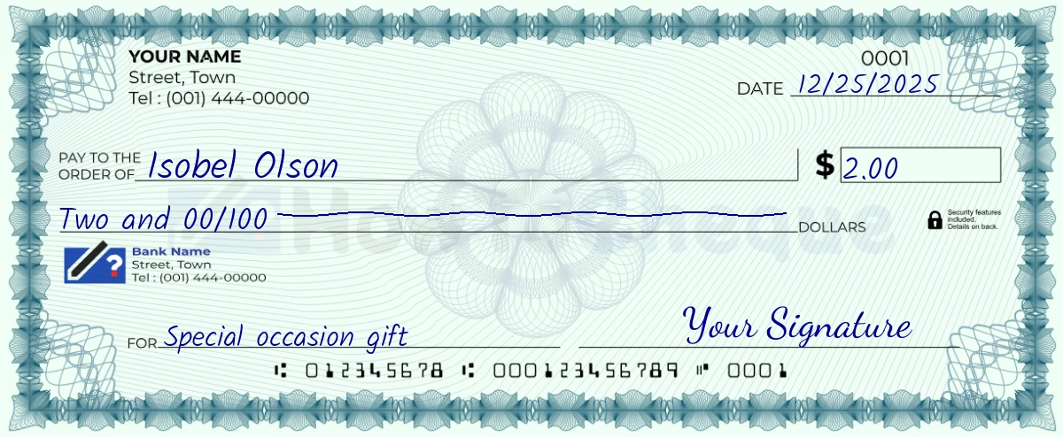 Example check of 2 dollar
