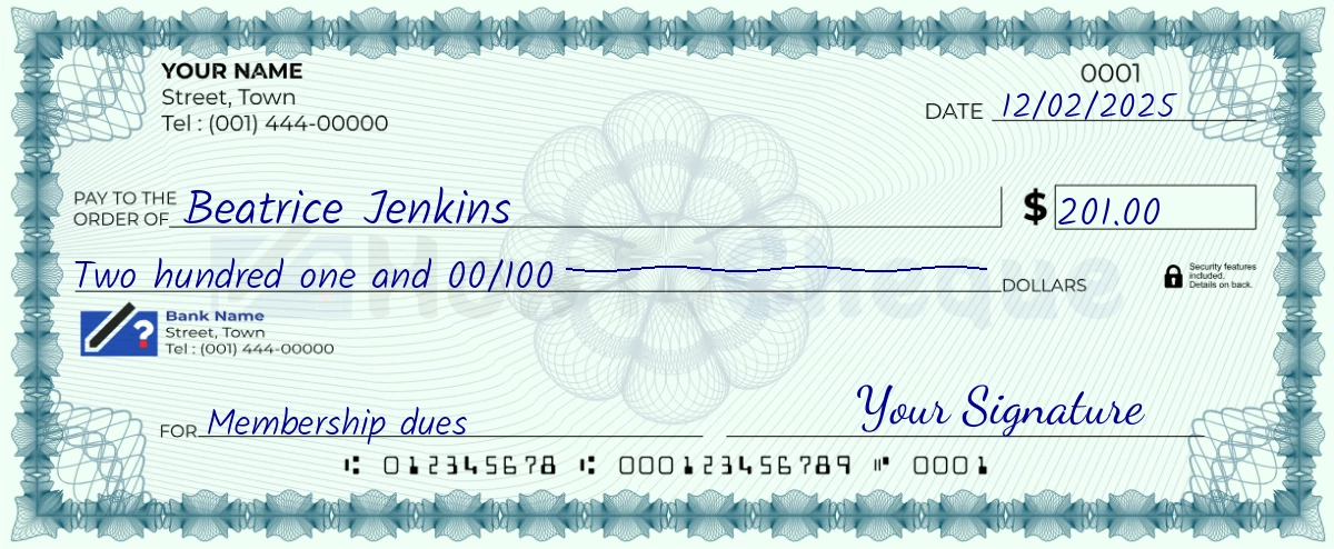 Example check of 201 dollar