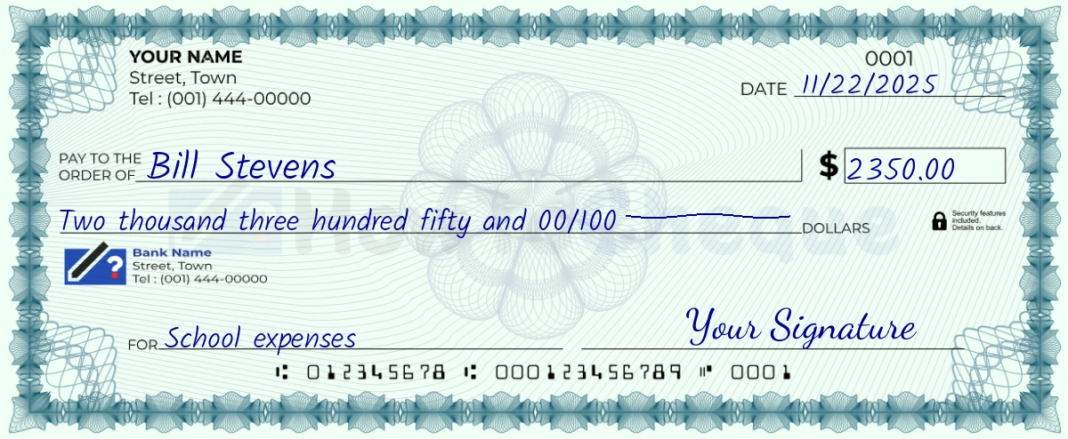 Example check of 2350 dollar