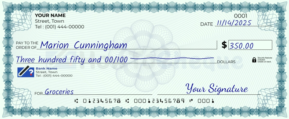 Example check of 350 dollar