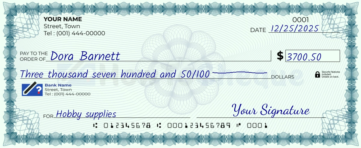 Example check of 3700 dollar 50 cent