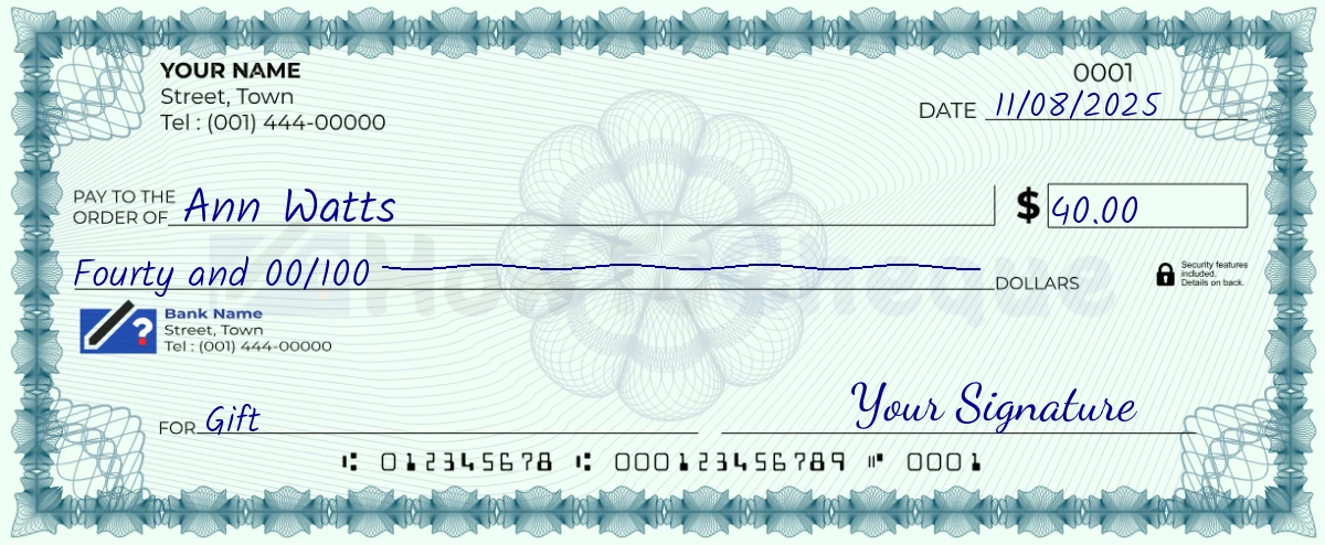 Example check of 40 dollar